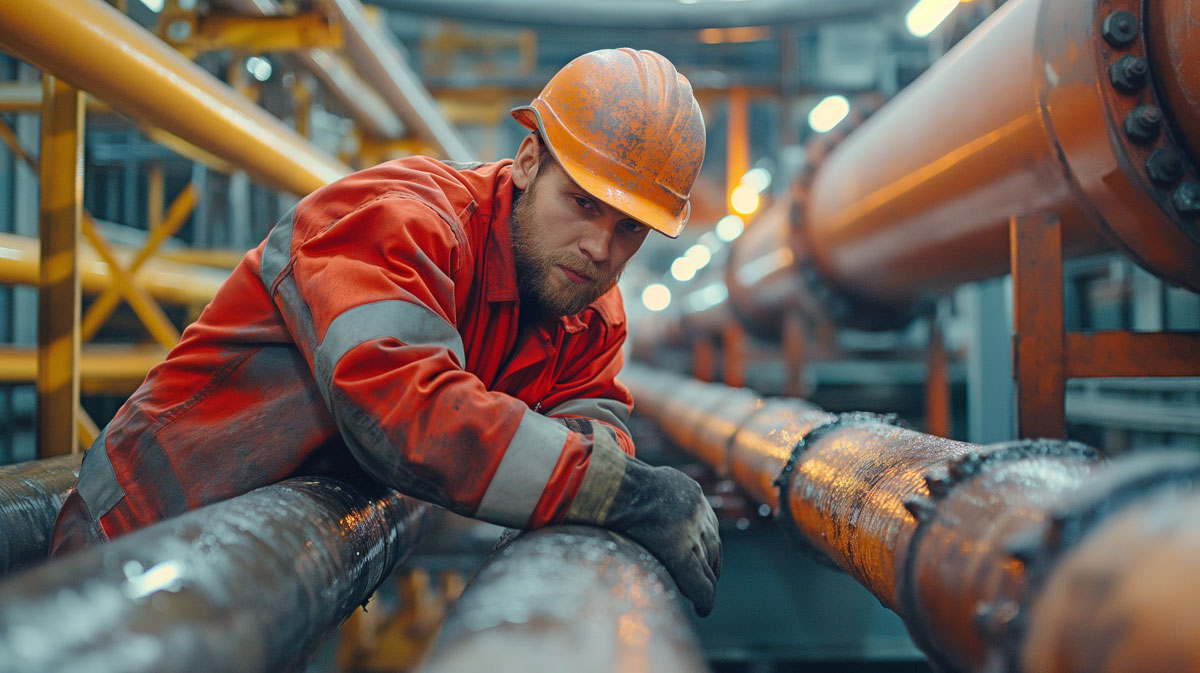 A male employee inspects the pipeline visually corrosion from oil and gas rust in the socket tube pipeline steam gas leak